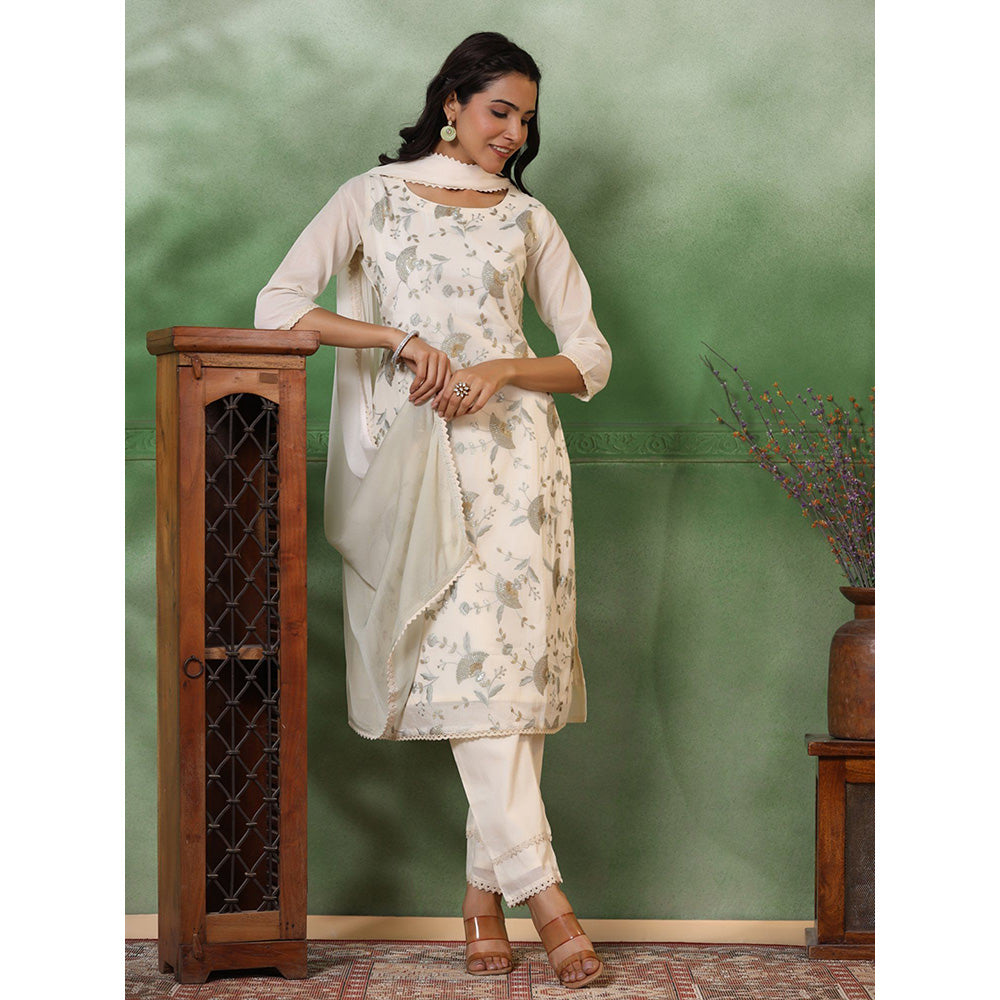 FASHOR Floral Embroidered Kurta With Pant & Dupatta - Off White (Set of 3)