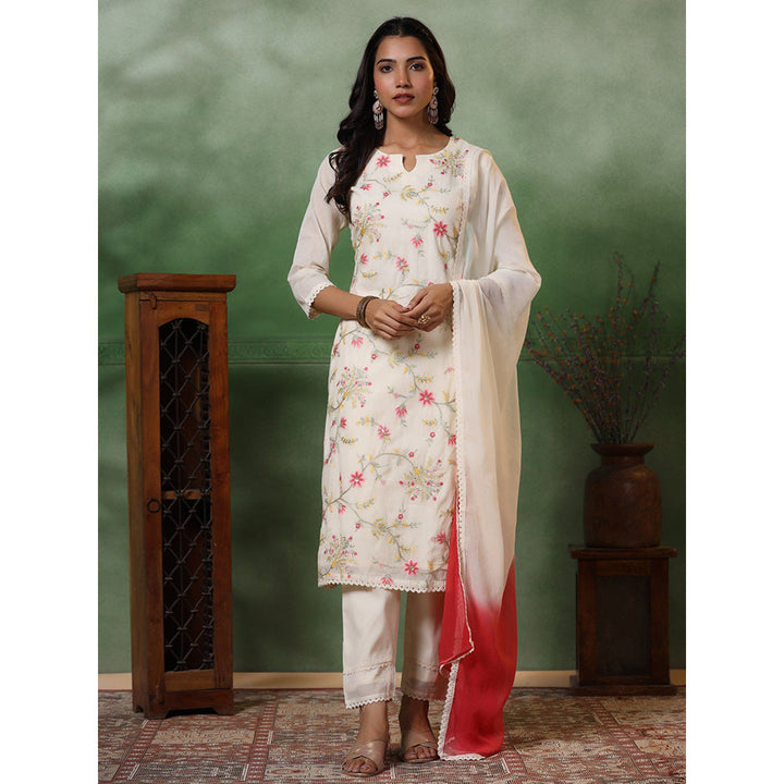 FASHOR Floral Embroidered Kurta With Pant & Dupatta - Off White (Set of 3)