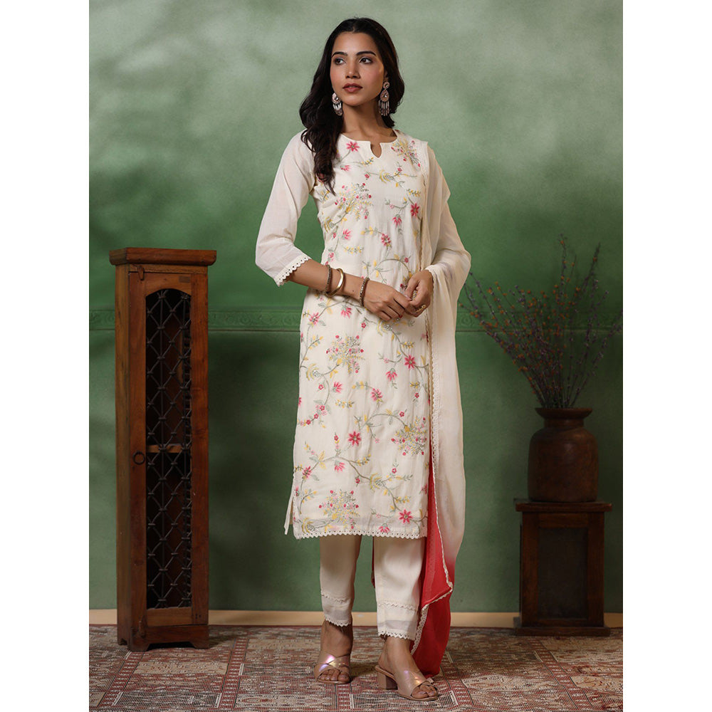 FASHOR Floral Embroidered Kurta With Pant & Dupatta - Off White (Set of 3)