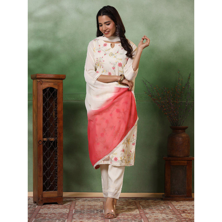 FASHOR Floral Embroidered Kurta With Pant & Dupatta - Off White (Set of 3)