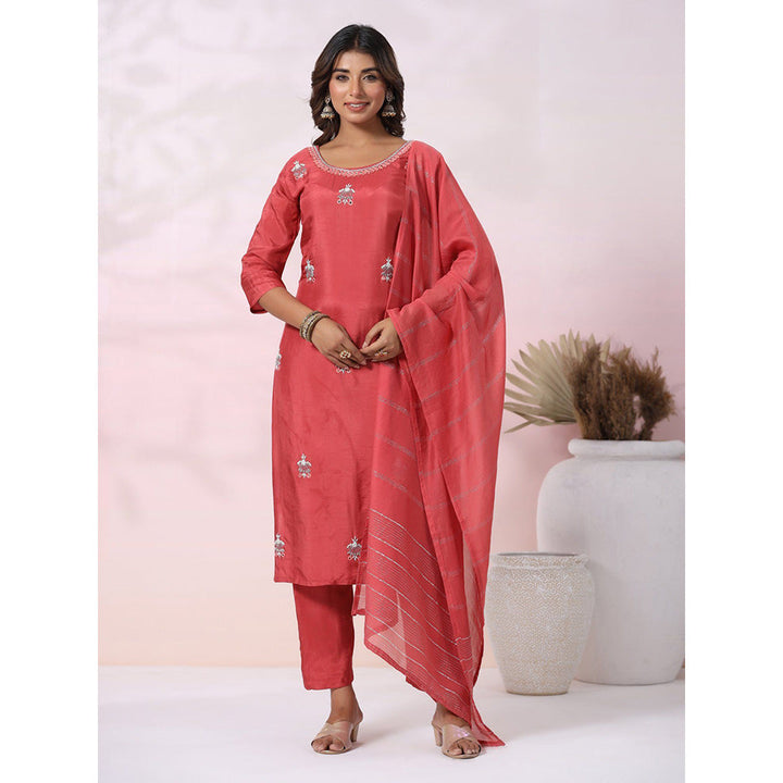 FASHOR Mirror Work Embroidered Kurta With Pants & Dupatta - Rust (Set of 3)