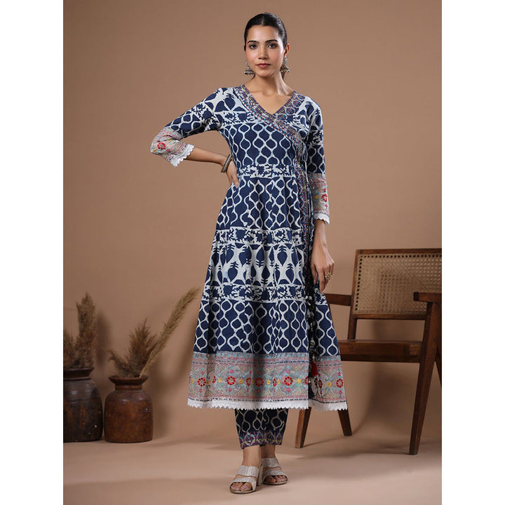 FASHOR Ethnic Printed & Sequined Angarkha Kurta With Pant - Blue (Set of 2)