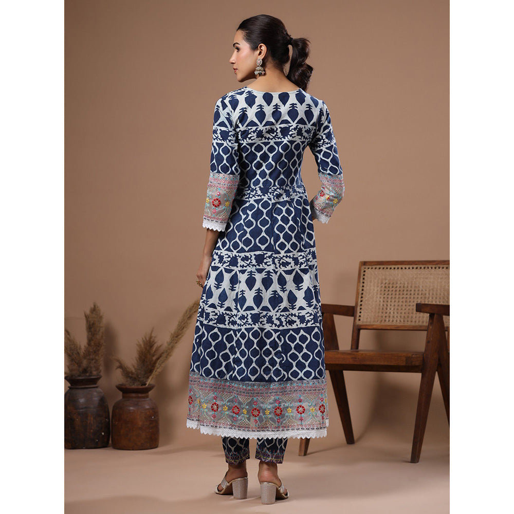 FASHOR Ethnic Printed & Sequined Angarkha Kurta With Pant - Blue (Set of 2)