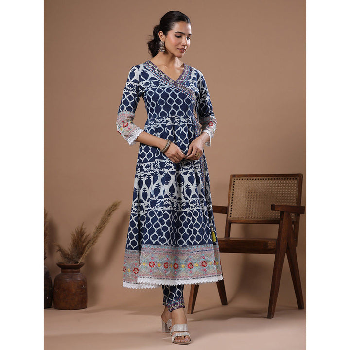 FASHOR Ethnic Printed & Sequined Angarkha Kurta With Pant - Blue (Set of 2)