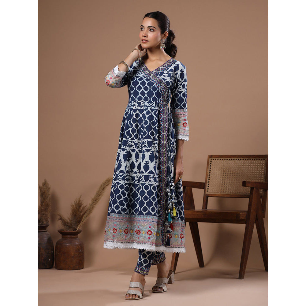 FASHOR Ethnic Printed & Sequined Angarkha Kurta With Pant - Blue (Set of 2)