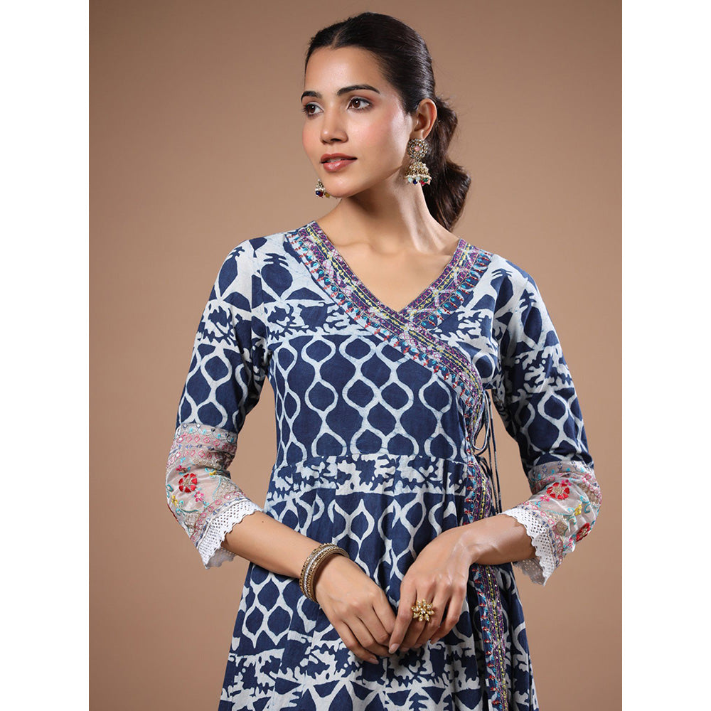 FASHOR Ethnic Printed & Sequined Angarkha Kurta With Pant - Blue (Set of 2)