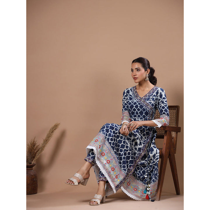 FASHOR Ethnic Printed & Sequined Angarkha Kurta With Pant - Blue (Set of 2)