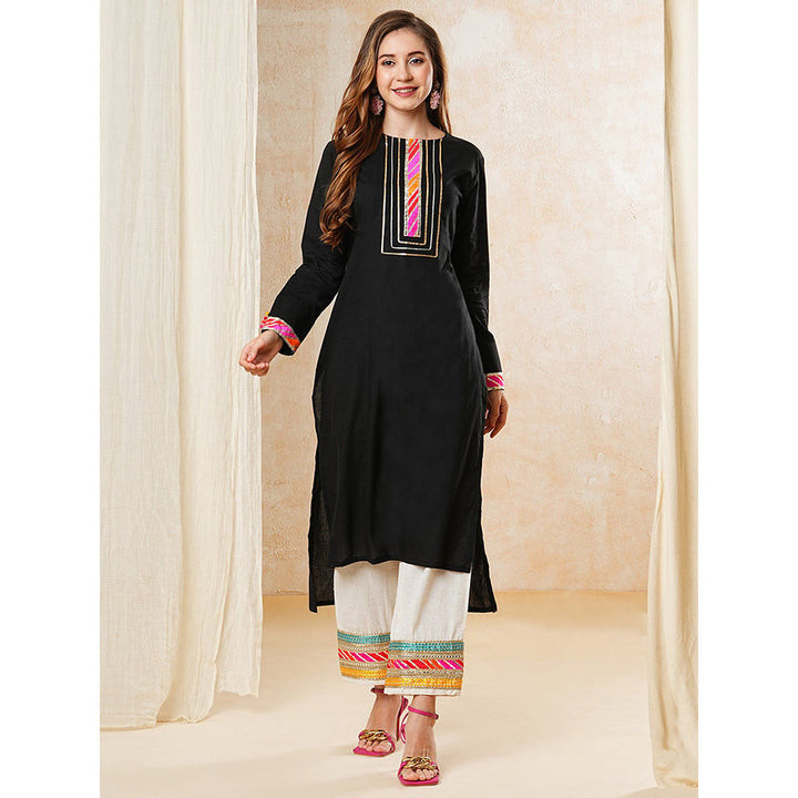 FASHOR Embroidered High Low Black Kurta With Pant (Set of 2)