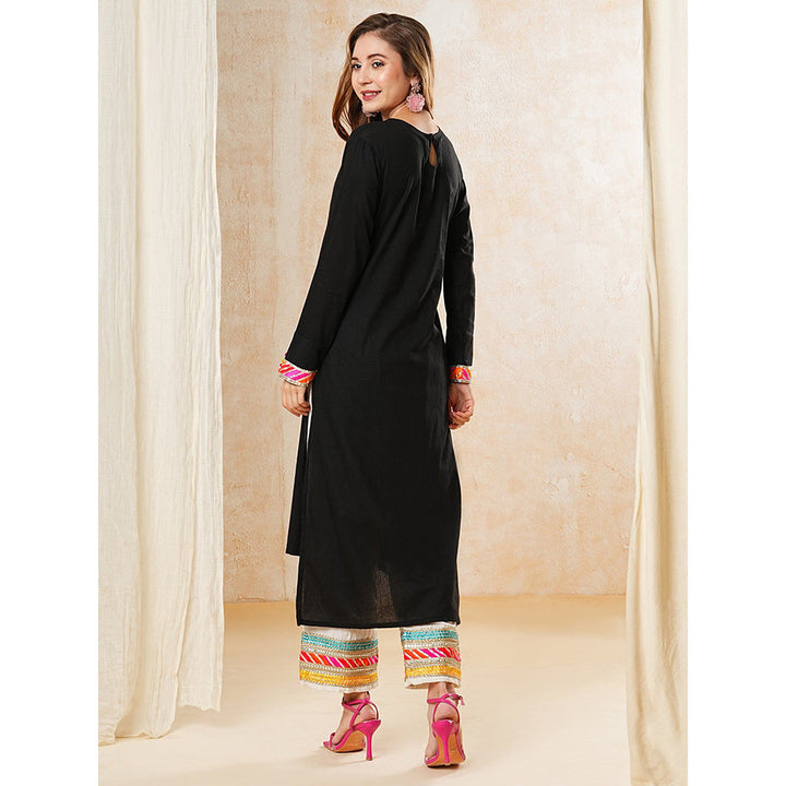 FASHOR Embroidered High Low Black Kurta With Pant (Set of 2)