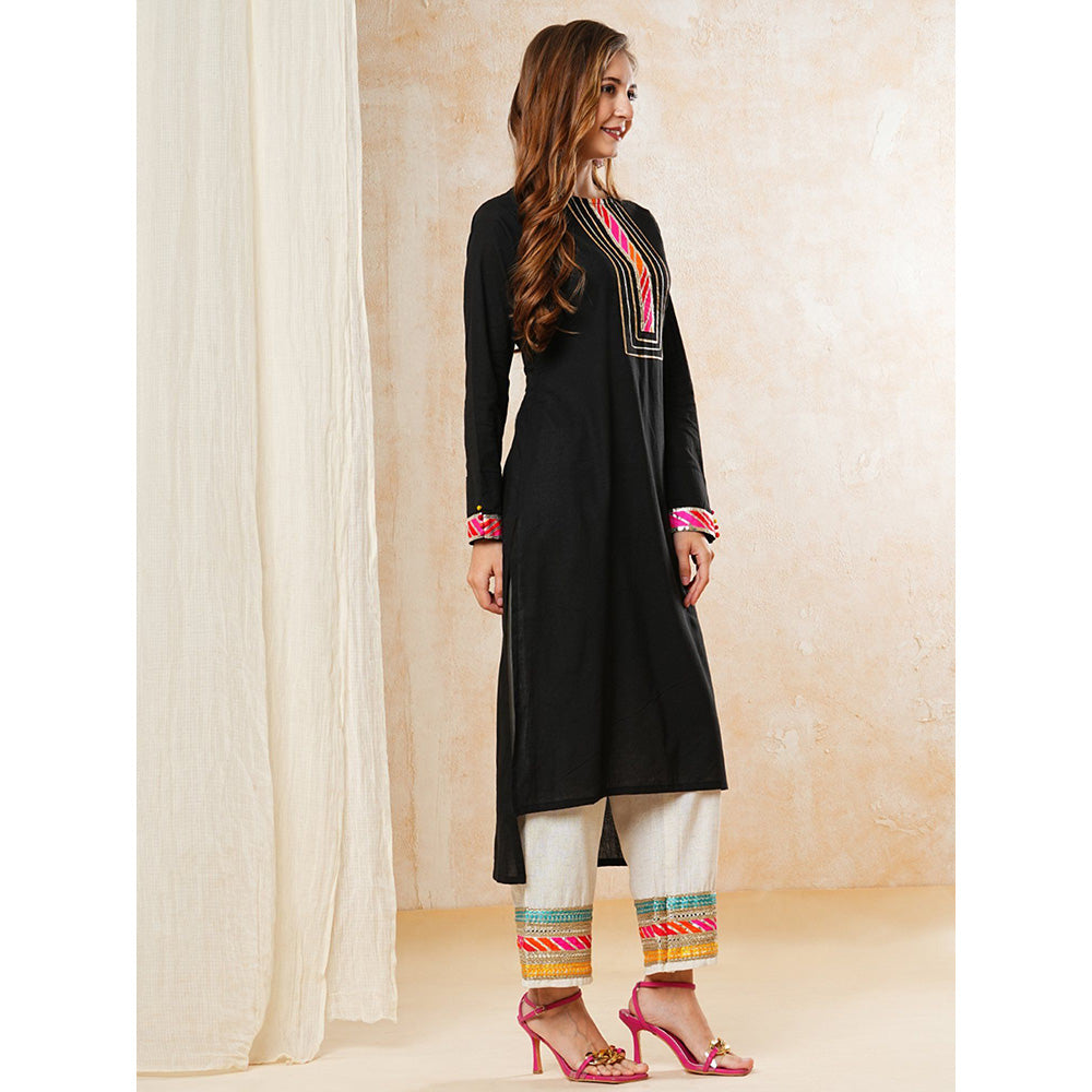 FASHOR Embroidered High Low Black Kurta With Pant (Set of 2)