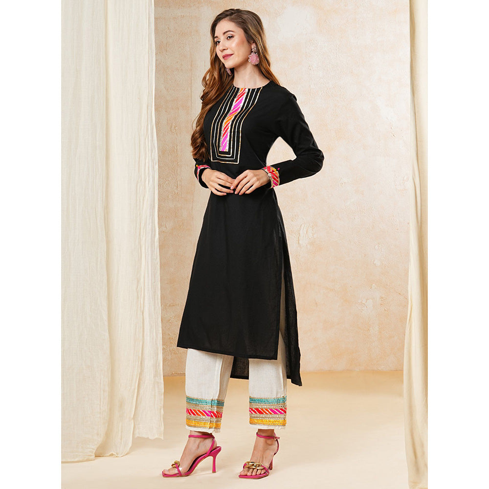 FASHOR Embroidered High Low Black Kurta With Pant (Set of 2)