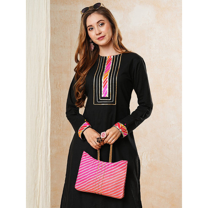 FASHOR Embroidered High Low Black Kurta With Pant (Set of 2)
