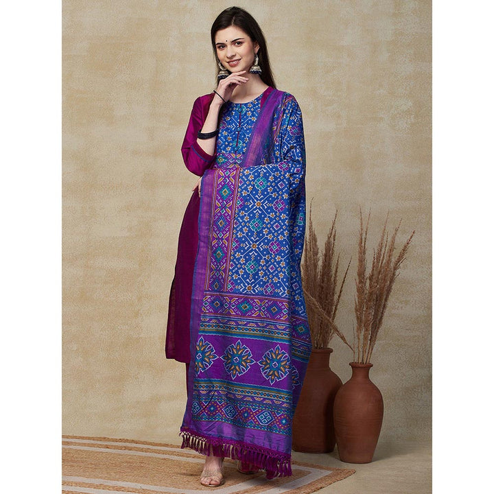 FASHOR Printed Kurta With Pant & Dupatta - Purple (Set of 3)