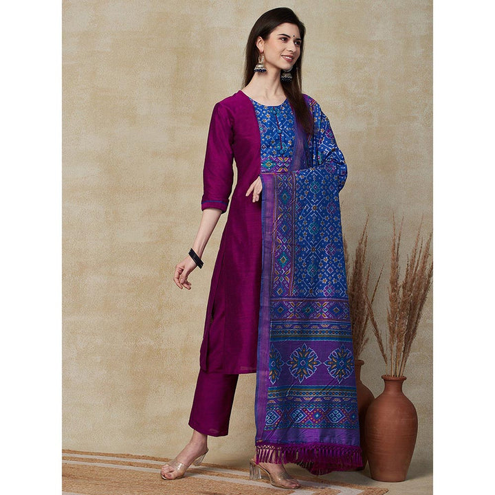 FASHOR Printed Kurta With Pant & Dupatta - Purple (Set of 3)