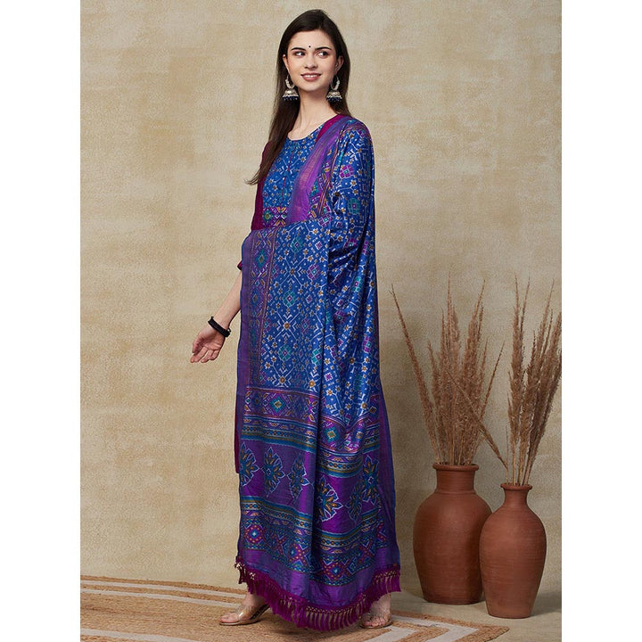 FASHOR Printed Kurta With Pant & Dupatta - Purple (Set of 3)