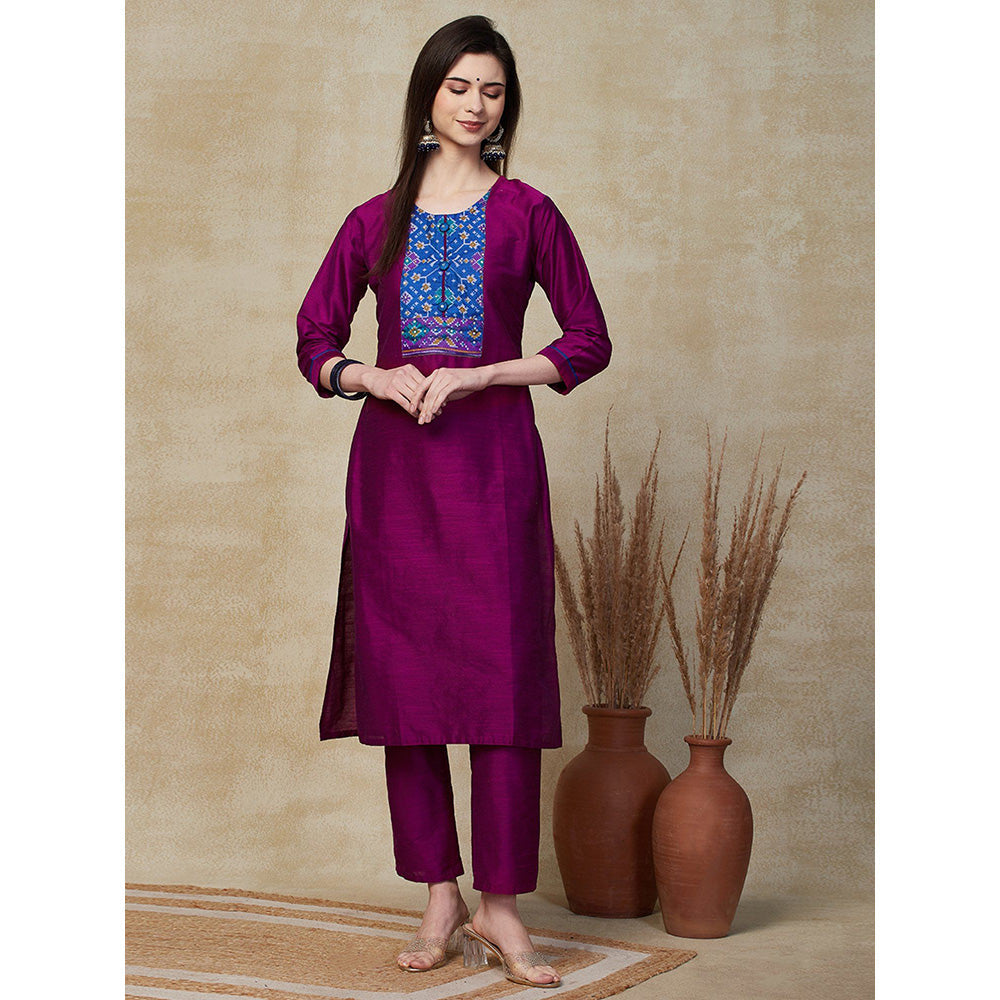 FASHOR Printed Kurta With Pant & Dupatta - Purple (Set of 3)