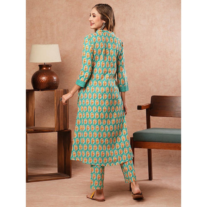 FASHOR Ethnic Sequined Printed Kurta With Pant - Turquoise (Set of 2)