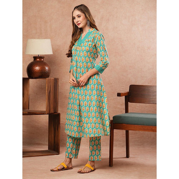 FASHOR Ethnic Sequined Printed Kurta With Pant - Turquoise (Set of 2)