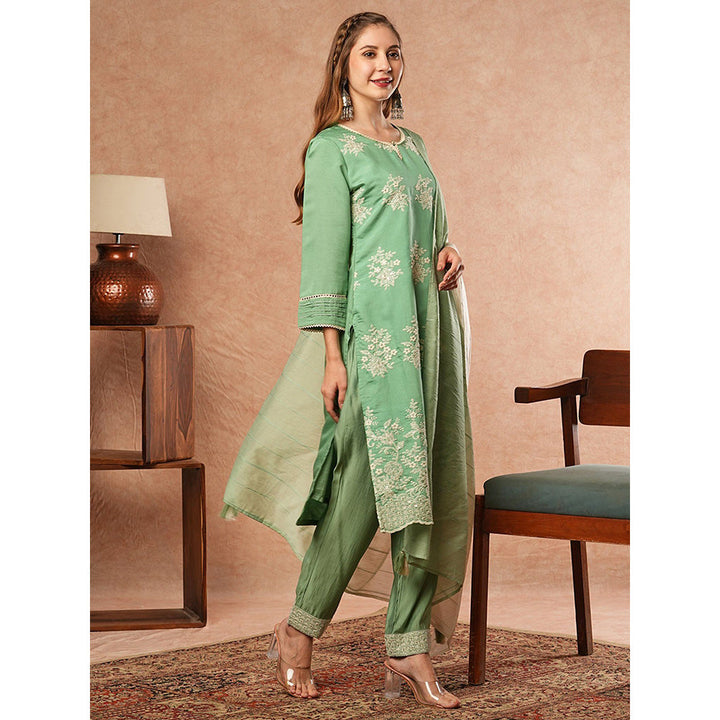 FASHOR Embroidered Sequined Kurta With Pant & Dupatta - Green (Set of 3)