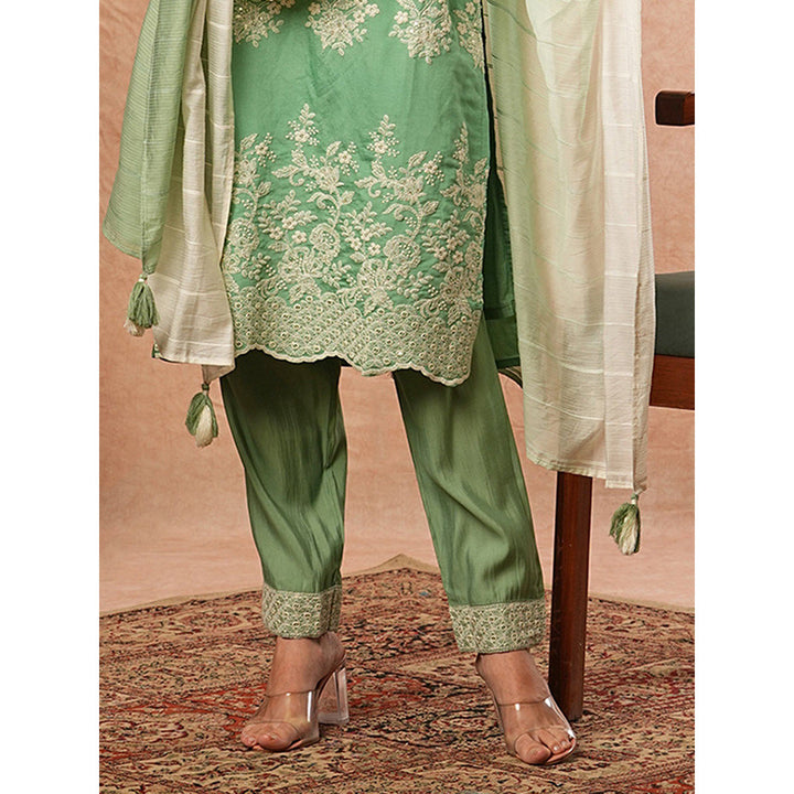 FASHOR Embroidered Sequined Kurta With Pant & Dupatta - Green (Set of 3)