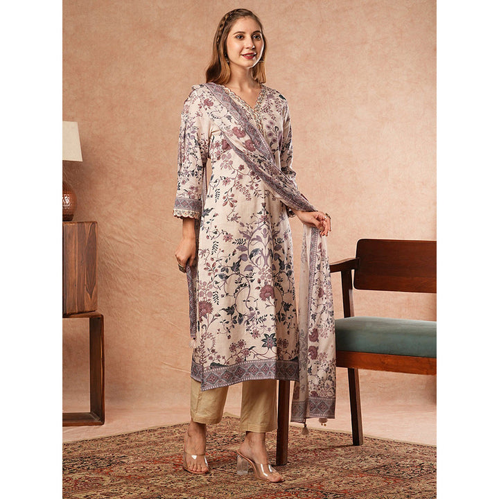 FASHOR Floral Printed Kurta With Pant & Dupatta - Off White (Set of 3)