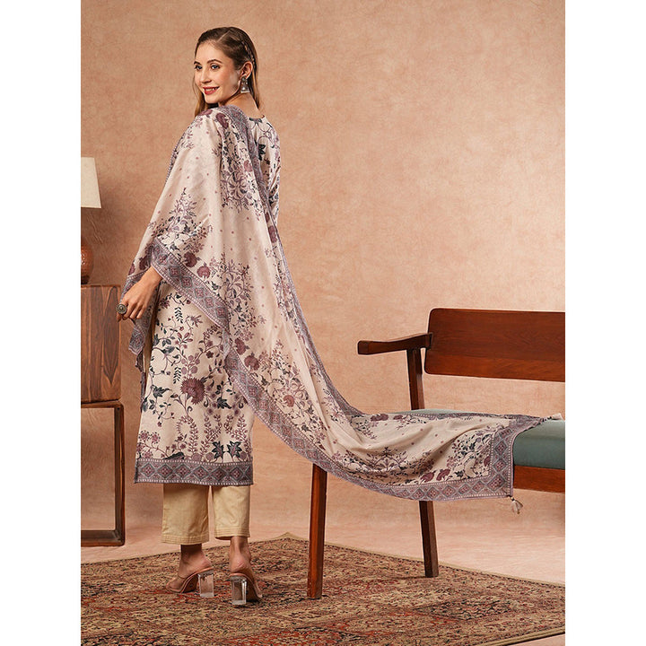 FASHOR Floral Printed Kurta With Pant & Dupatta - Off White (Set of 3)