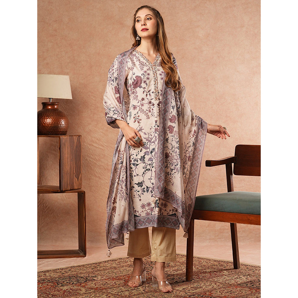 FASHOR Floral Printed Kurta With Pant & Dupatta - Off White (Set of 3)