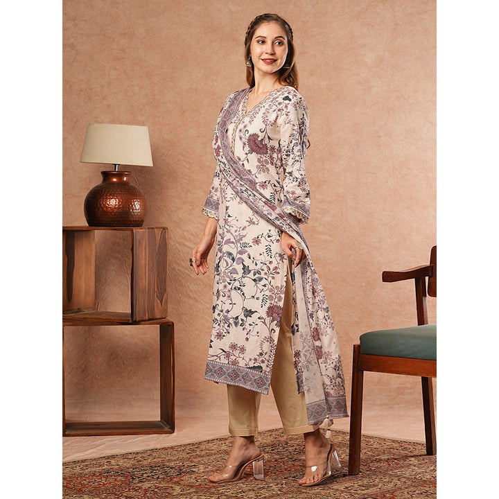 FASHOR Floral Printed Kurta With Pant & Dupatta - Off White (Set of 3)