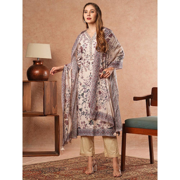 FASHOR Floral Printed Kurta With Pant & Dupatta - Off White (Set of 3)