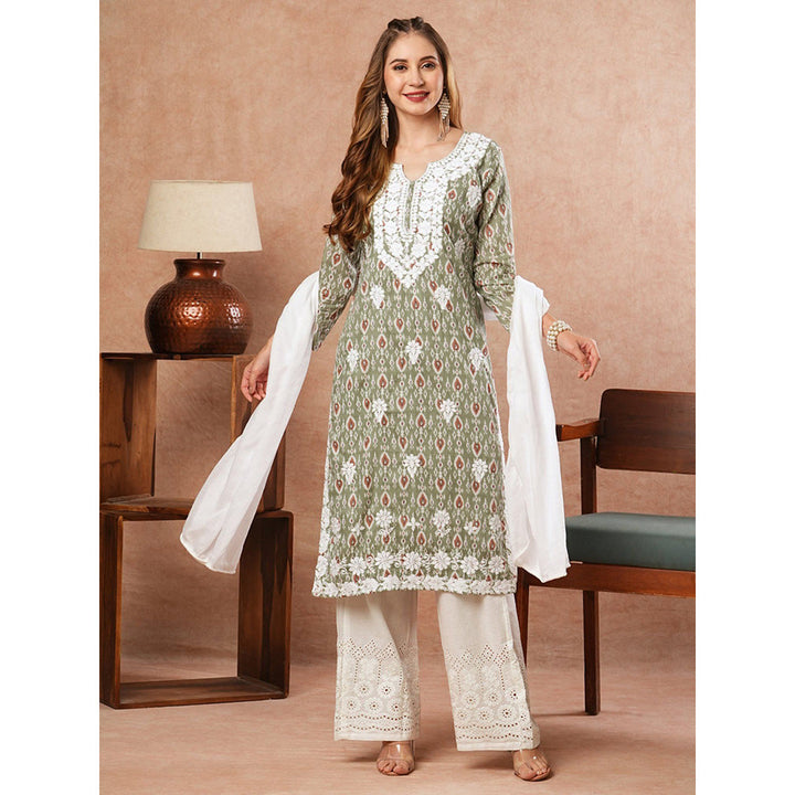 FASHOR Embroidered Printed Green Kurta With Palazzo & Dupatta (Set of 3)