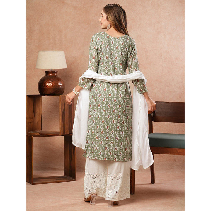 FASHOR Embroidered Printed Green Kurta With Palazzo & Dupatta (Set of 3)