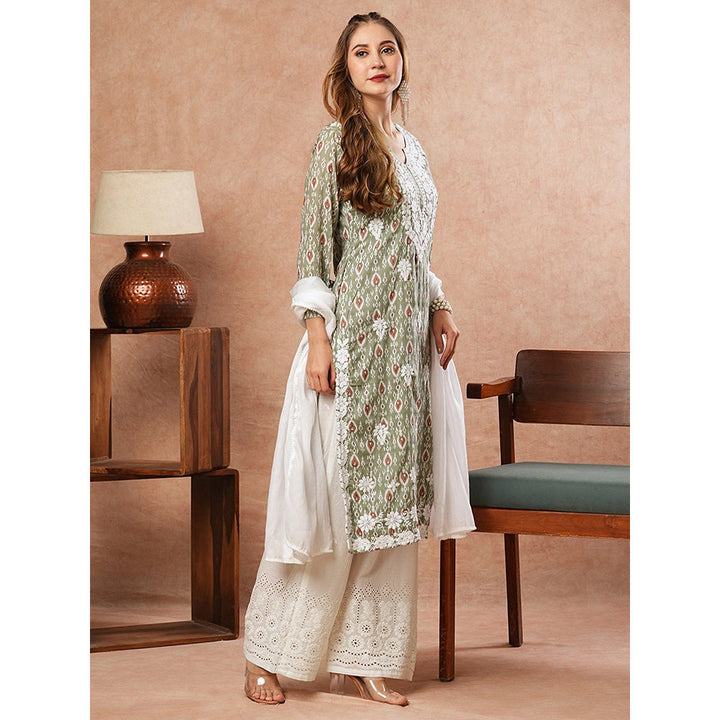 FASHOR Embroidered Printed Green Kurta With Palazzo & Dupatta (Set of 3)