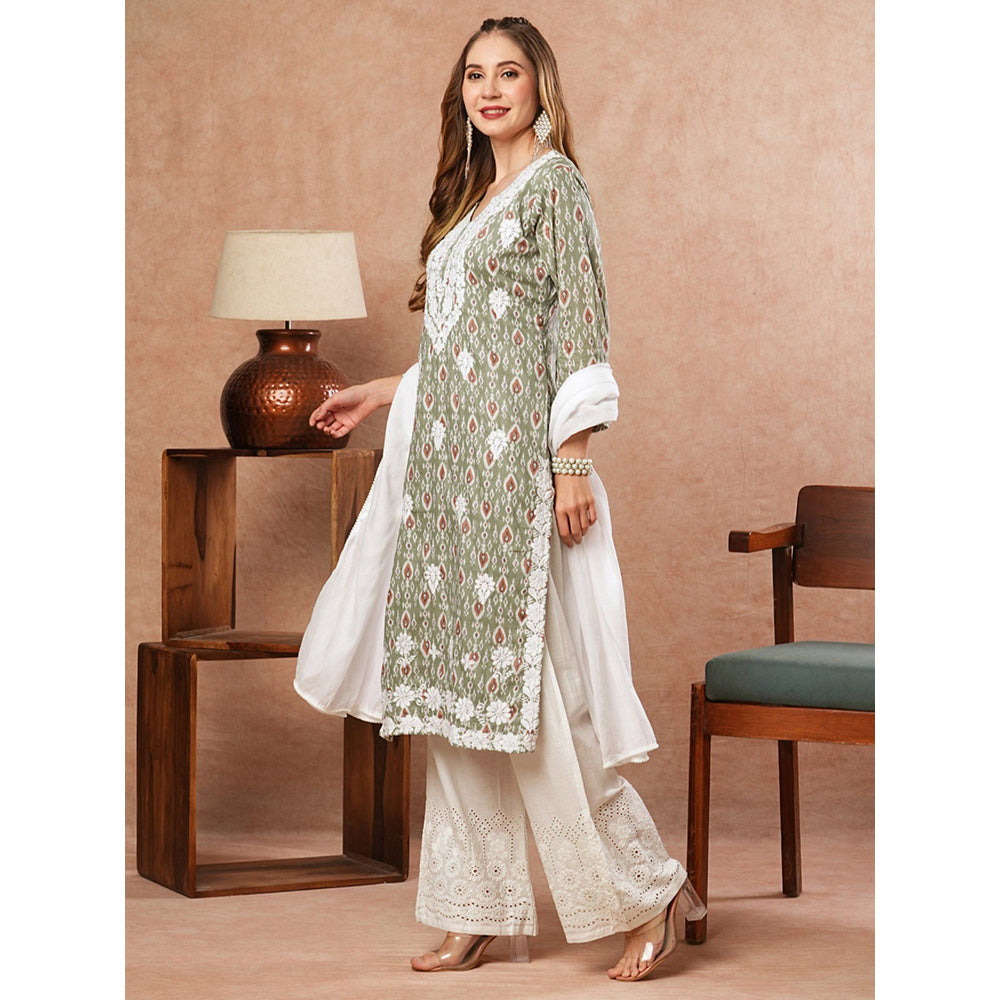 FASHOR Embroidered Printed Green Kurta With Palazzo & Dupatta (Set of 3)