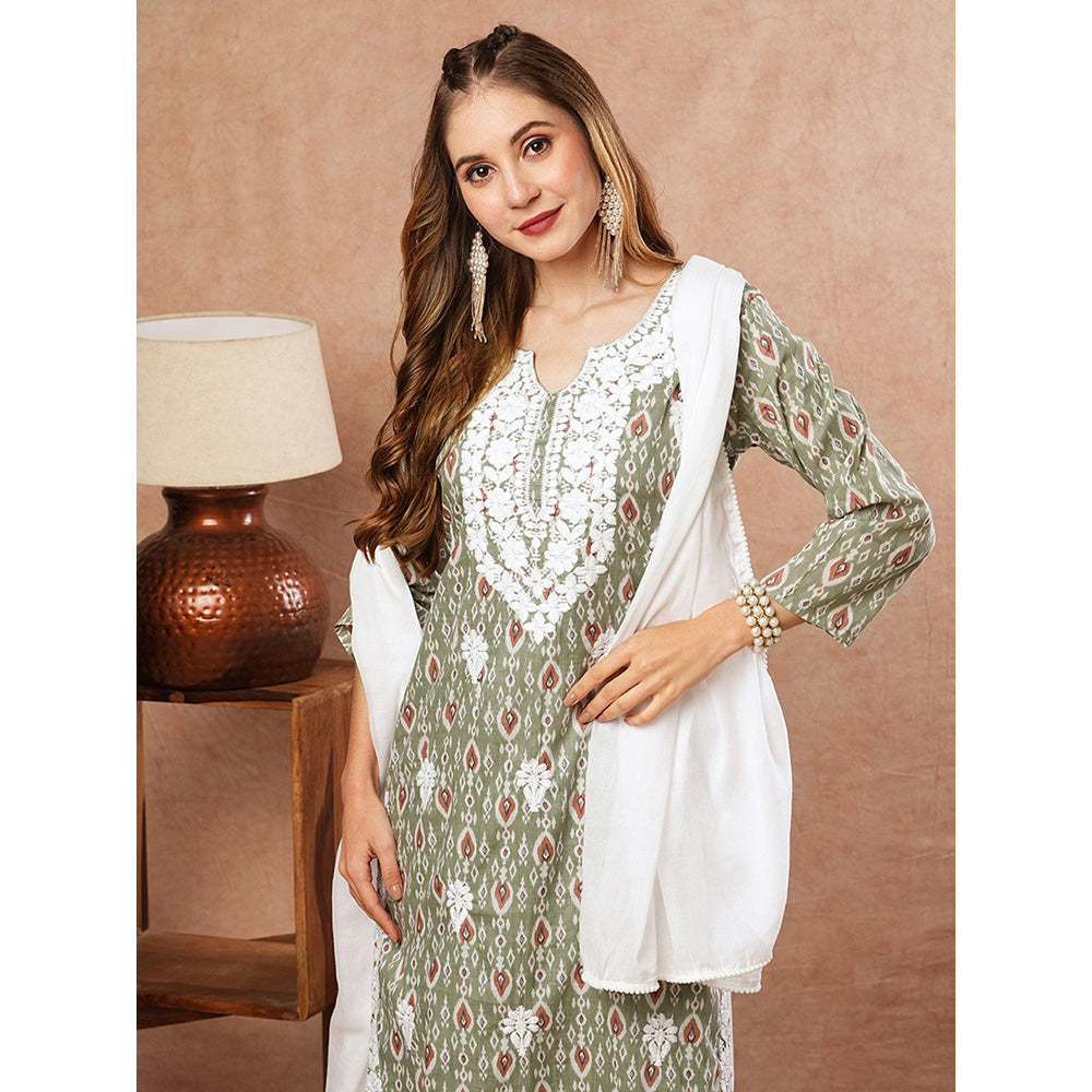 FASHOR Embroidered Printed Green Kurta With Palazzo & Dupatta (Set of 3)