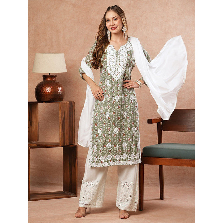 FASHOR Embroidered Printed Green Kurta With Palazzo & Dupatta (Set of 3)