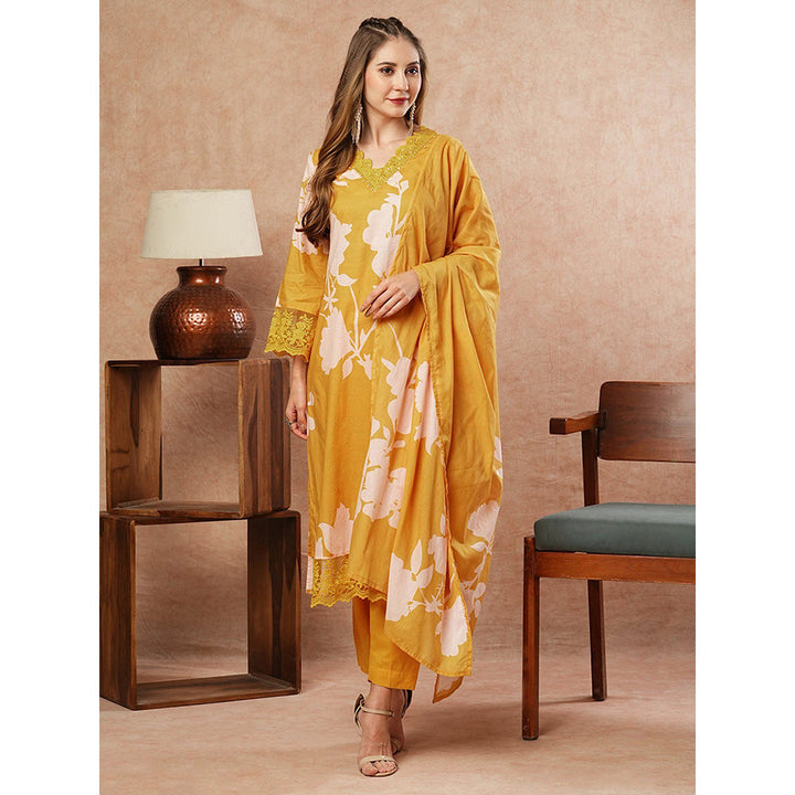 FASHOR Floral Printed Kurta With Pants & Dupatta - Yellow (Set of 3)