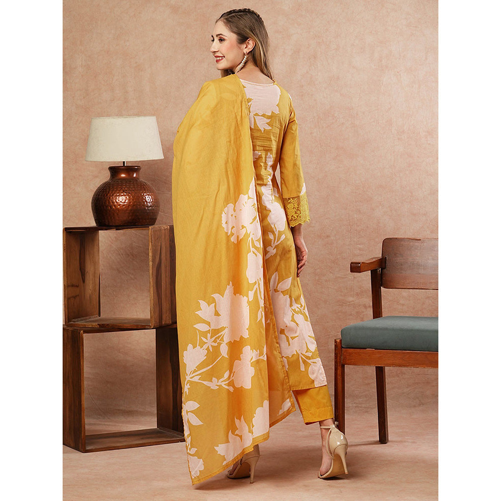 FASHOR Floral Printed Kurta With Pants & Dupatta - Yellow (Set of 3)