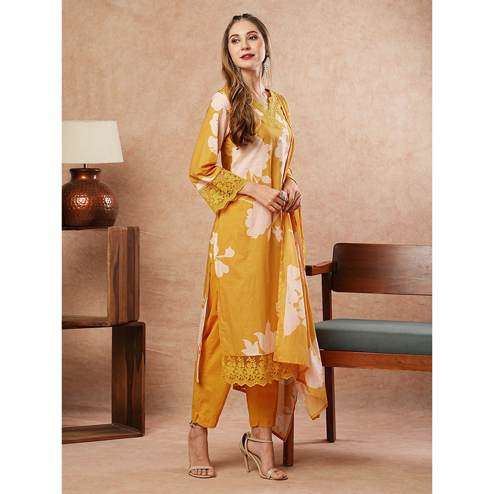 FASHOR Floral Printed Kurta With Pants & Dupatta - Yellow (Set of 3)