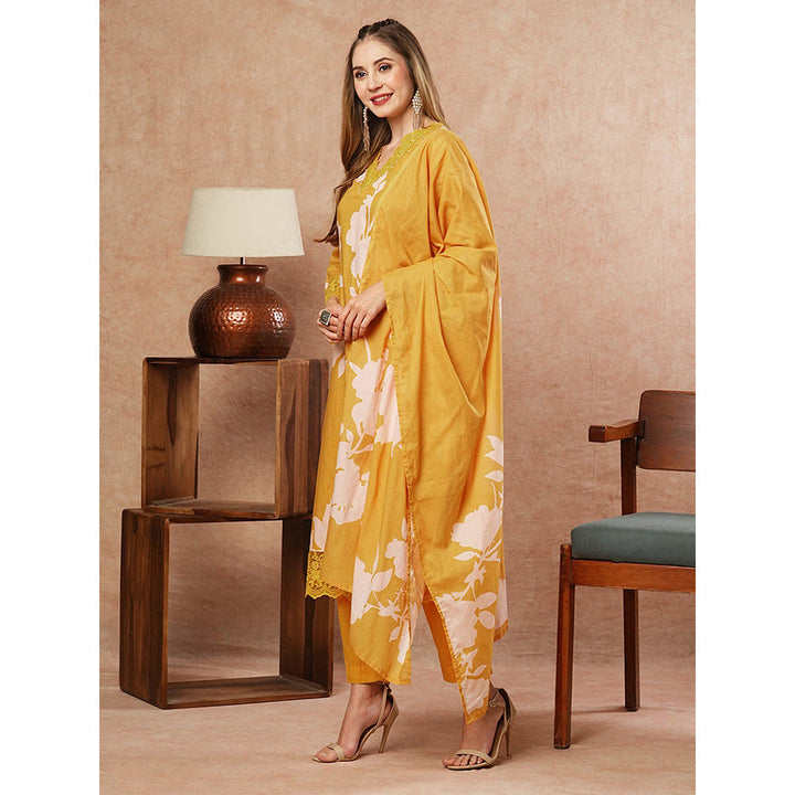 FASHOR Floral Printed Kurta With Pants & Dupatta - Yellow (Set of 3)