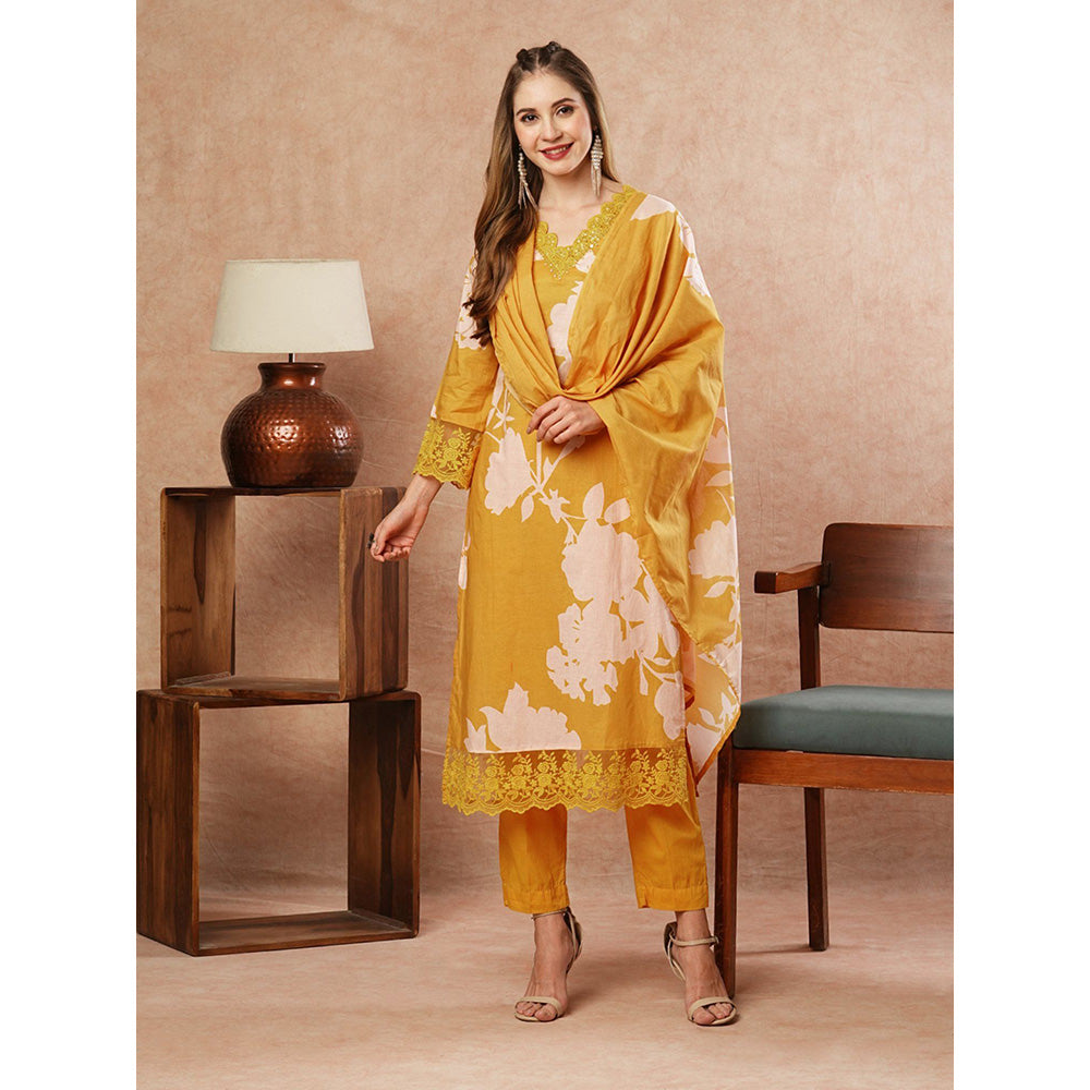 FASHOR Floral Printed Kurta With Pants & Dupatta - Yellow (Set of 3)