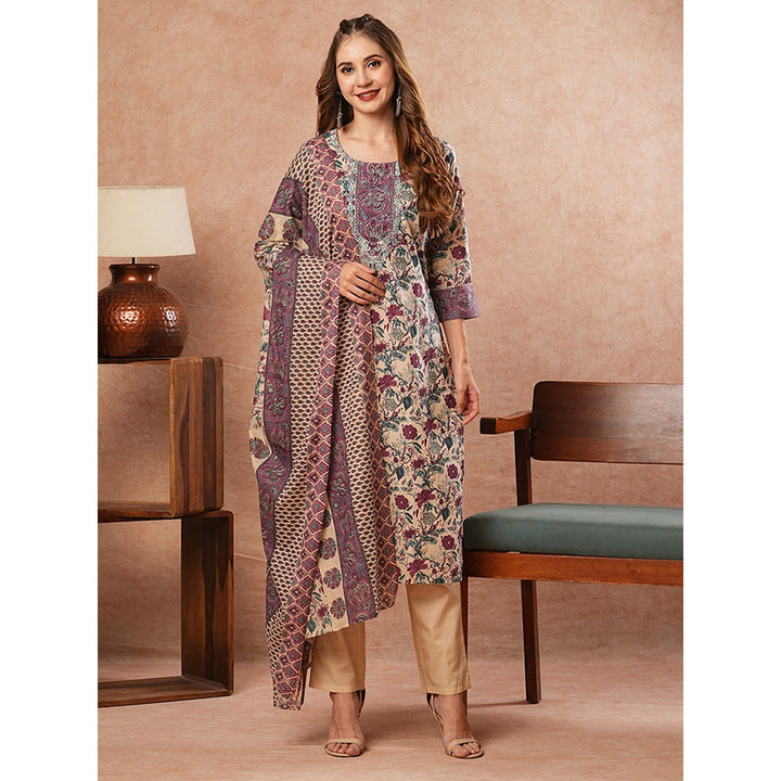 FASHOR Floral Printed Embroidered Kurta With Pant (Set of 3)