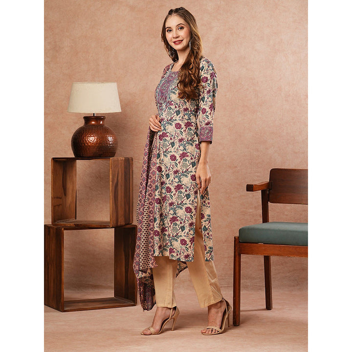 FASHOR Floral Printed Embroidered Kurta With Pant (Set of 3)