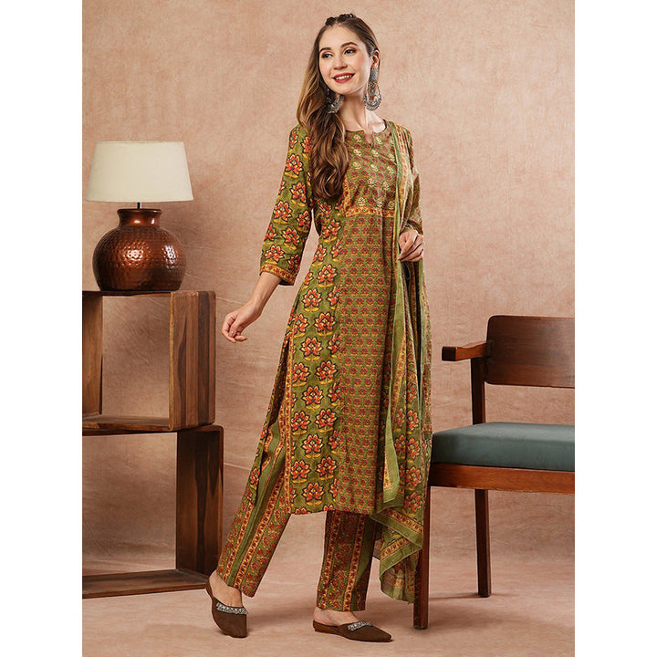 FASHOR Floral Mirror Work Kurta With Pants & Dupatta - Olive (Set of 3)