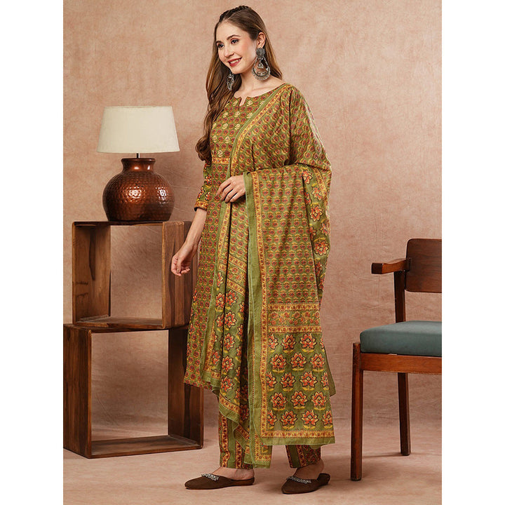 FASHOR Floral Mirror Work Kurta With Pants & Dupatta - Olive (Set of 3)