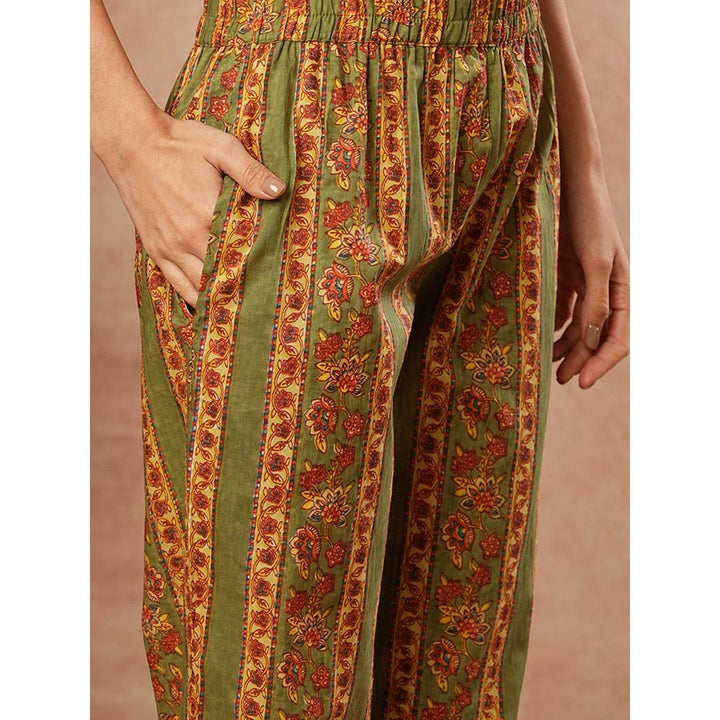 FASHOR Floral Mirror Work Kurta With Pants & Dupatta - Olive (Set of 3)