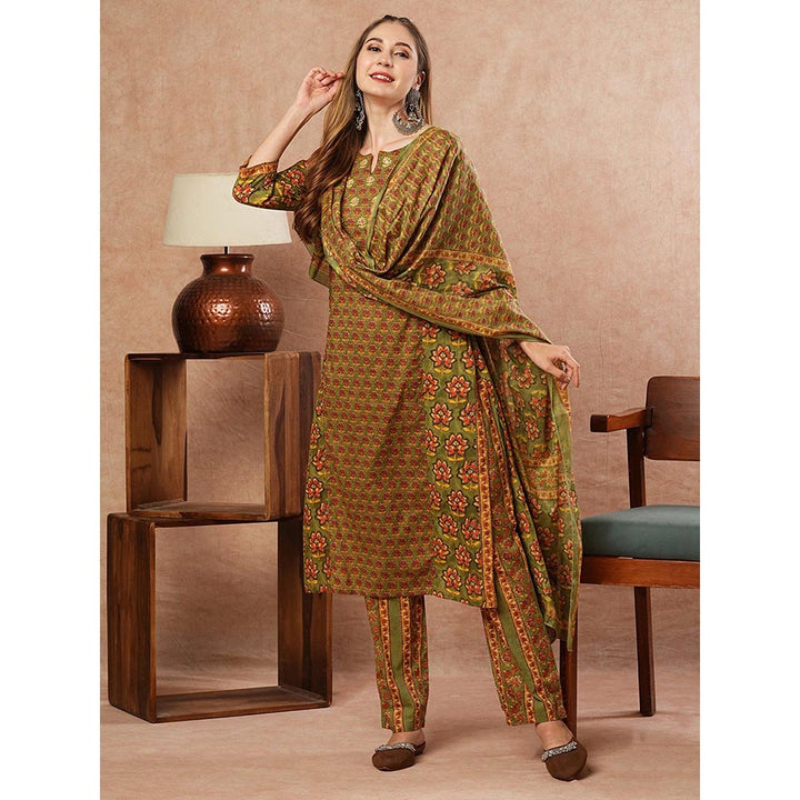 FASHOR Floral Mirror Work Kurta With Pants & Dupatta - Olive (Set of 3)