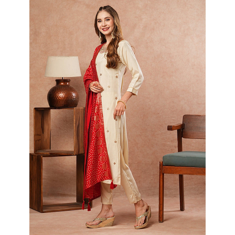 FASHOR Bandhani Embroidered Kurta With Pants & Dupatta - Cream (Set of 3)