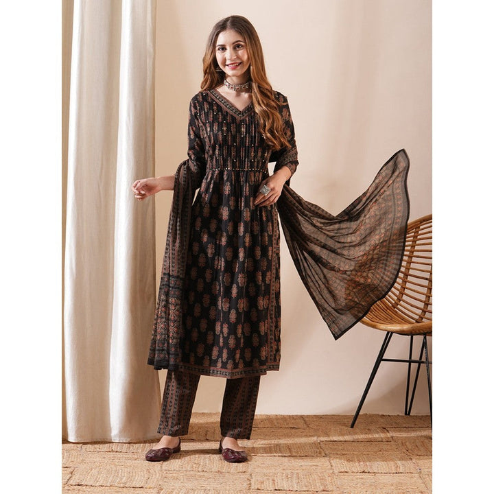 FASHOR Beads & Stones Printed Kurta With Pants & Dupatta - Coffee Brown (Set of 3)