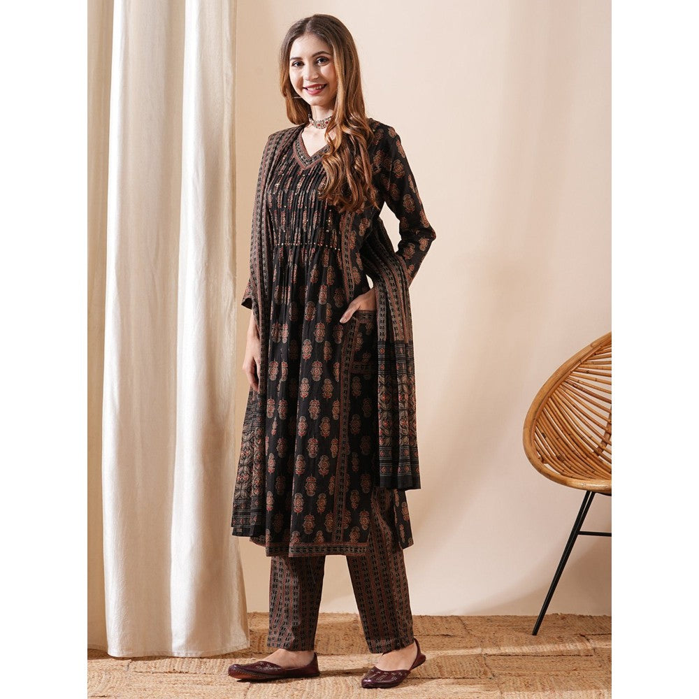 FASHOR Beads & Stones Printed Kurta With Pants & Dupatta - Coffee Brown (Set of 3)