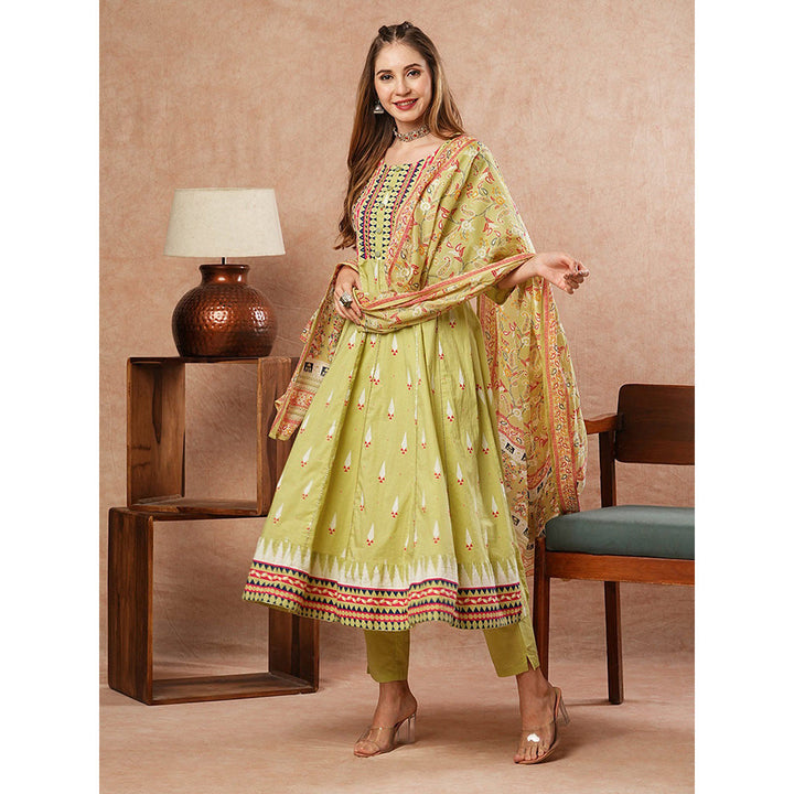 FASHOR Mirror Work Printed Anarkali Kurta With Pants & Dupatta - Green (Set of 3)